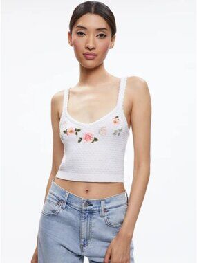 Alice + Olivia Brigida Soft White Embroidered Knit Tank Top Medium